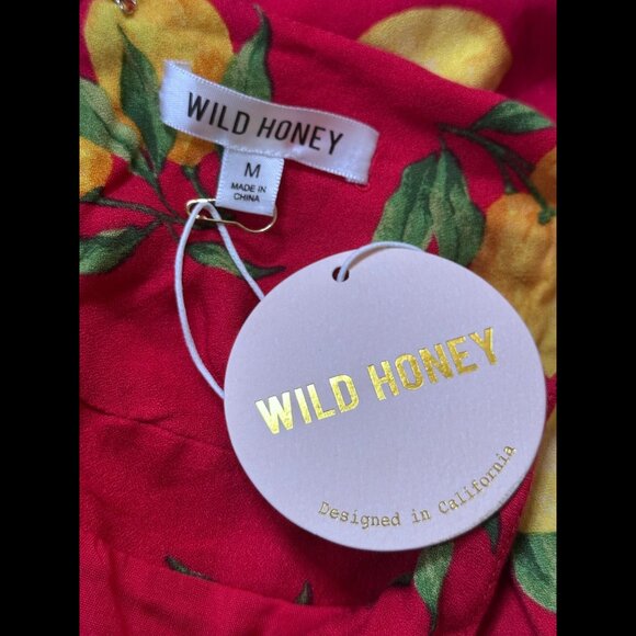 New Wild Honey Mini Dress Medium Red Lemon Print Front Tie Adjustable Strap - Picture 5 of 7